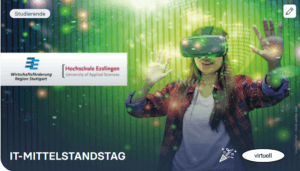 Logo IT-Mittelstandstag 2020 Wirtschaftsförderung Region Stuttgart mit Bild junge Frau mit VR-Brille vor grünem HIntergrund