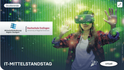 Logo IT-Mittelstandstag 2020 Wirtschaftsförderung Region Stuttgart mit Bild junge Frau mit VR-Brille vor grünem HIntergrund