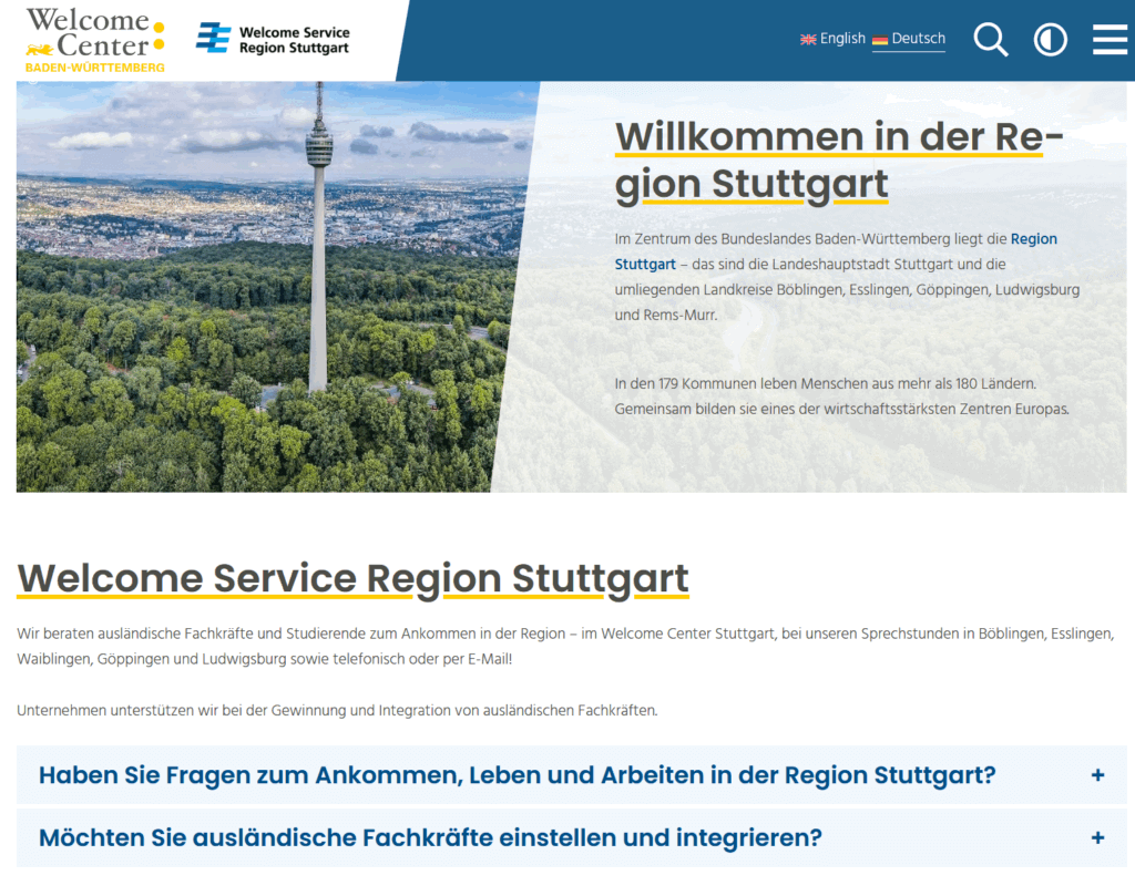 bild zeigt homepage des welcome service region stuttgart